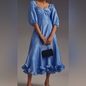 Anthropologie Hutch Blue Twist-Front Puff-Sleeve Ruffle-Hem Dress NWT sz S